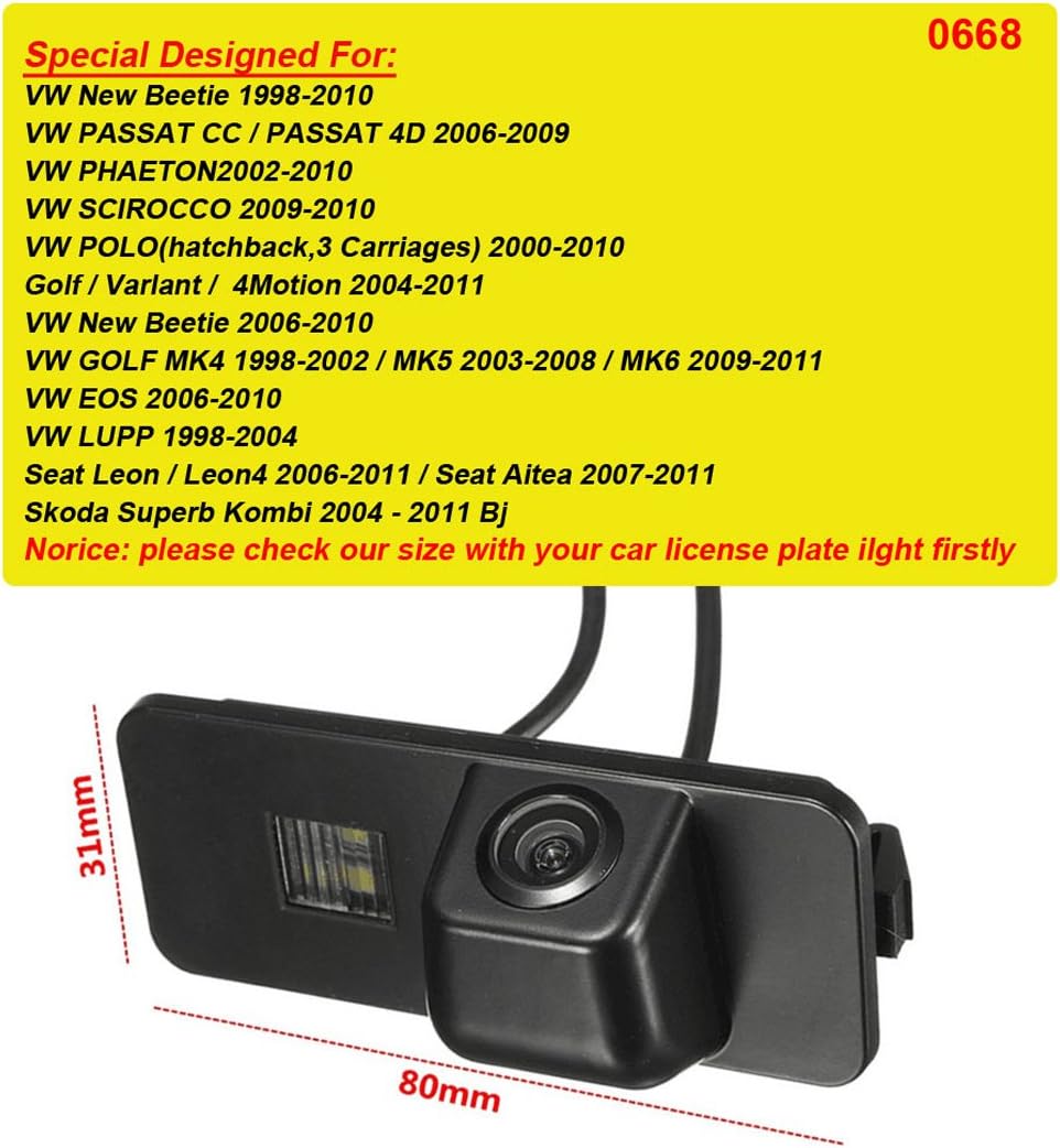 Caméra de Recul– Vision Nocturne pour VW Beetle, Passat, Golf, Polo, Scirocco, EOS, Seat Leon, Skoda Superb