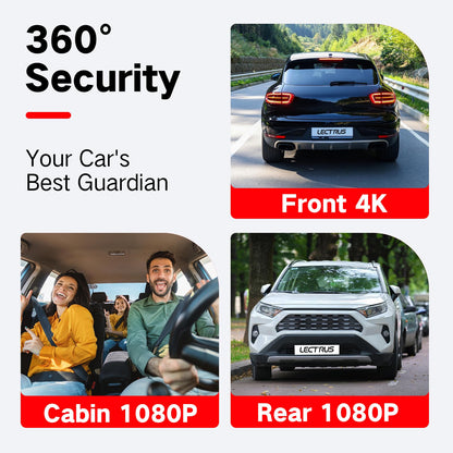 Caméra embarquée 3 canaux 4K avant/intérieur/arrière avec WiFi 5G, écran 3", vision nocturne, mode parking 24H, carte 64Go