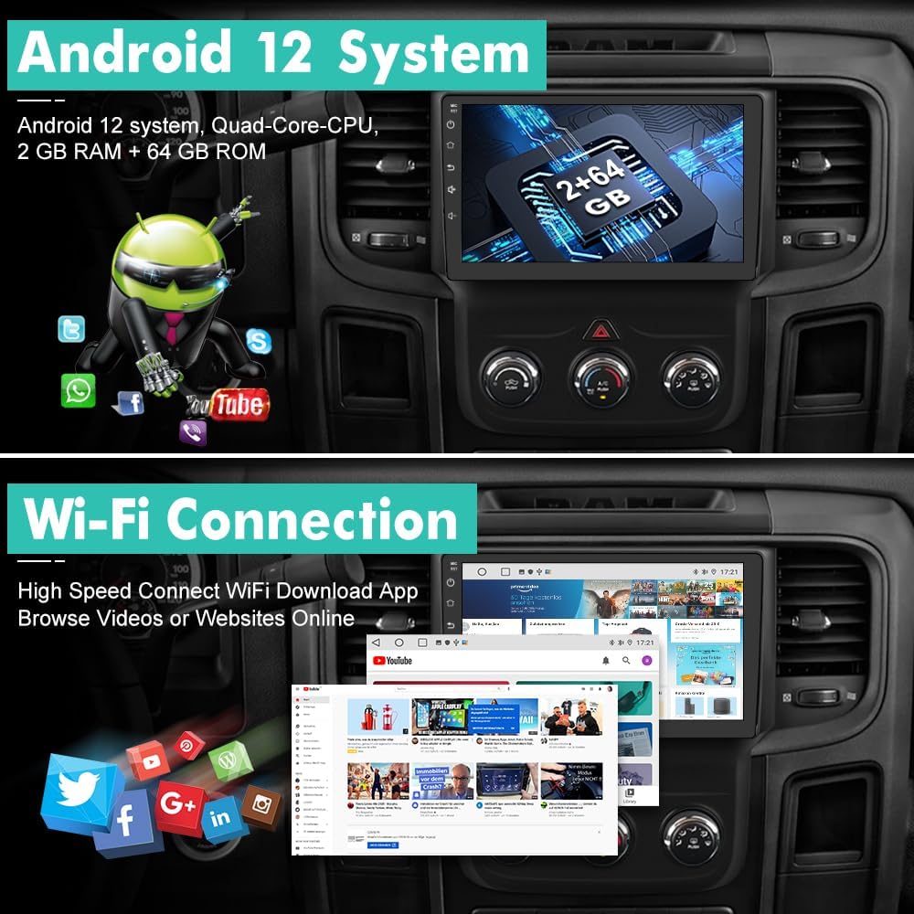 Autoradio [2+64 Go] pour Dodge RAM 1500 (2013-2018) – Carplay sans fil/Android Auto, Bluetooth, AM/FM, GPS, AC manuel uniquement