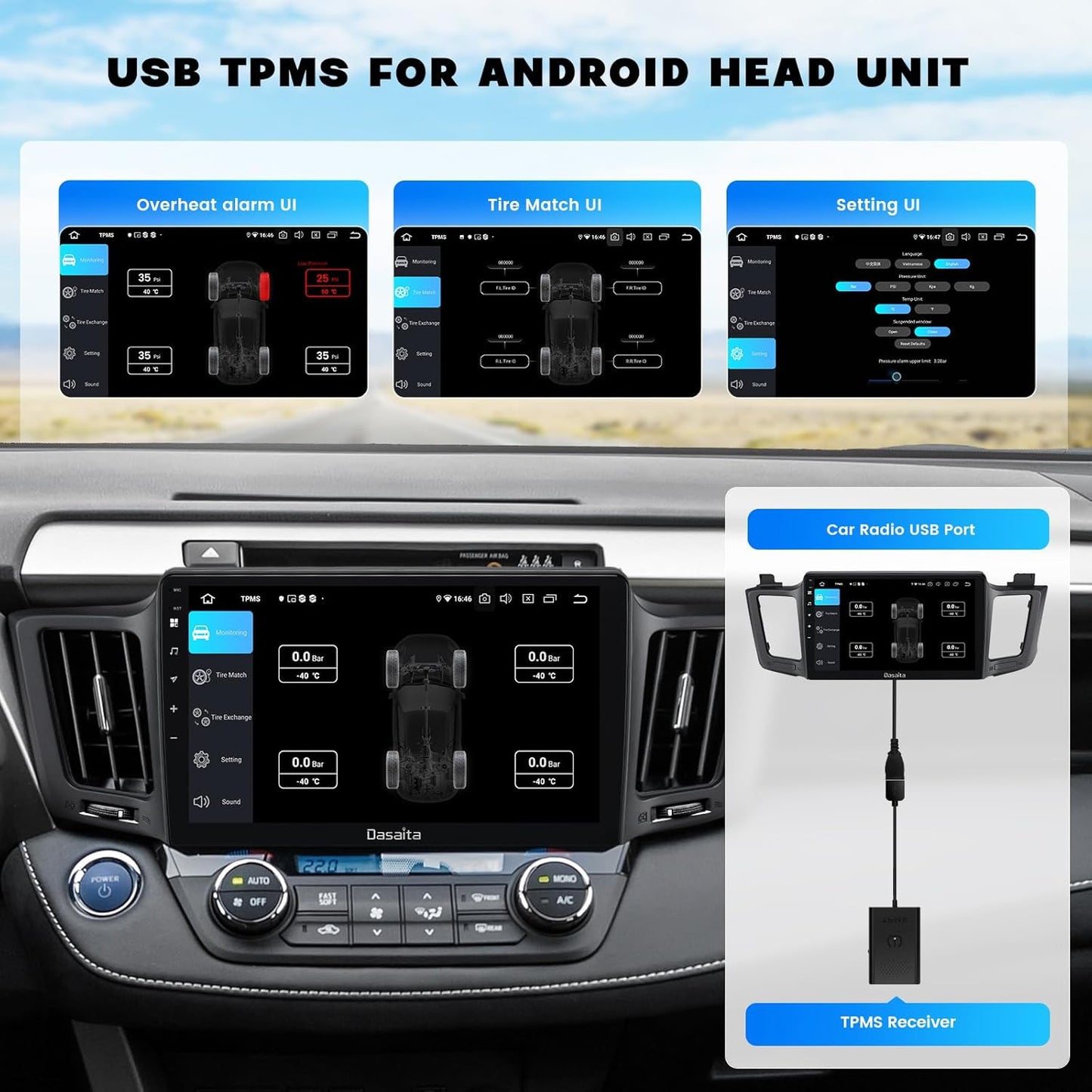 Surveillance Pneus en Temps Réel - TPMS USB Dasaita pour Android