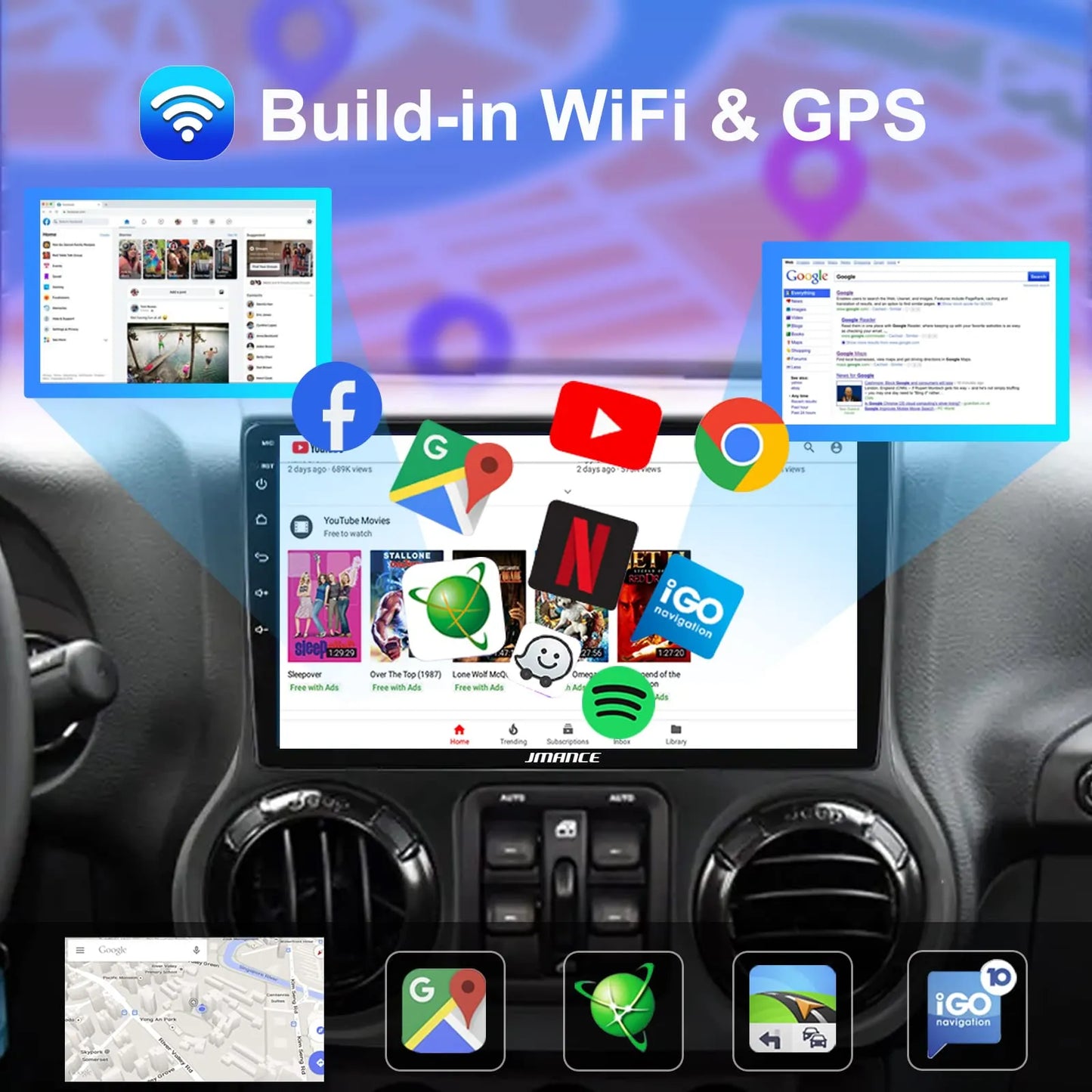 Stéréo de voiture Android 10,1" pour Jeep Wrangler 2011-2014 : 2+64 Go, GPS, DSP, Bluetooth, WiFi, CarPlay sans fil/Android Auto, commande au volant