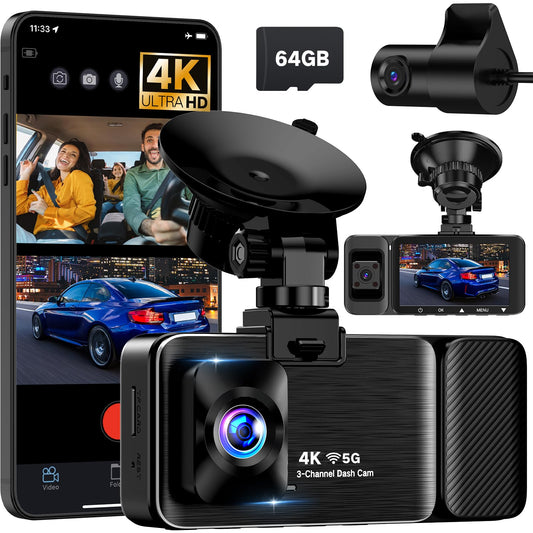 Caméra embarquée 3 canaux 4K avant/intérieur/arrière avec WiFi 5G, écran 3", vision nocturne, mode parking 24H, carte 64Go