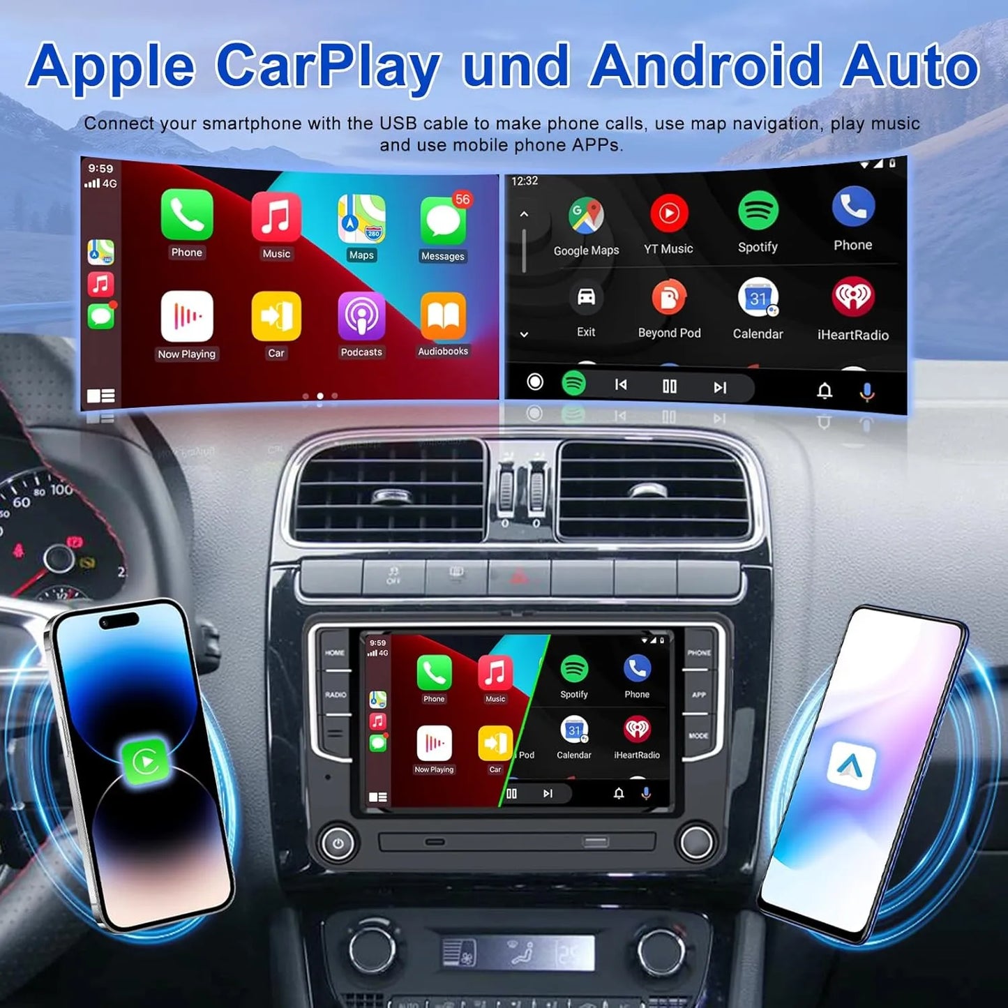 Autoradio Android 7" 2+64 Go pour VW Golf 5/6, Touran, Tiguan, Skoda, SEAT : GPS, Carplay sans fil, Android Auto, Bluetooth, WiFi, DSP