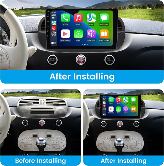 Écran tactile QLED 9" Android 13 stéréo pour Fiat 500/500C (2007-2015) - 8 cœurs, 2+32 Go, Car-Play, Android Auto, GPS, SWC, DSP, RDS, vue arrière, kit de tableau de bord de remplacement radio
