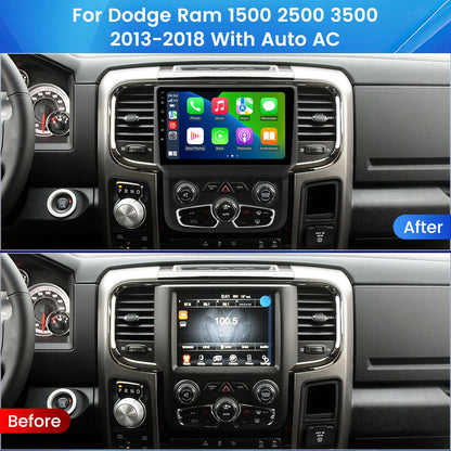 Stéréo de voiture Android 13 8 cœurs 4 + 64 Go pour Dodge Ram 1500-3500 (2013-2019) avec climatisation automatique, écran tactile 9" 1280 x 720, CarPlay/Android Auto, DSP, AM/FM, SWC, WiFi 5G