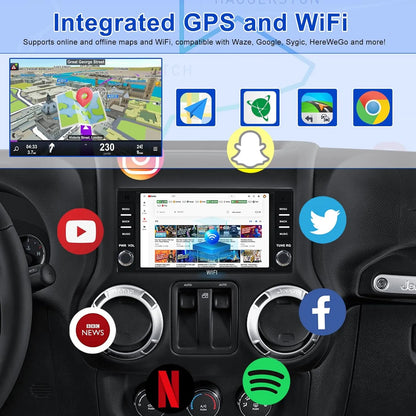 Autoradio Android 7" 2 + 64 Go pour Jeep Wrangler/Compass/Patriot, Chrysler Sebring, Dodge RAM : GPS, Carplay sans fil/Android Auto, Bluetooth, WiFi, DSP, caméra de recul