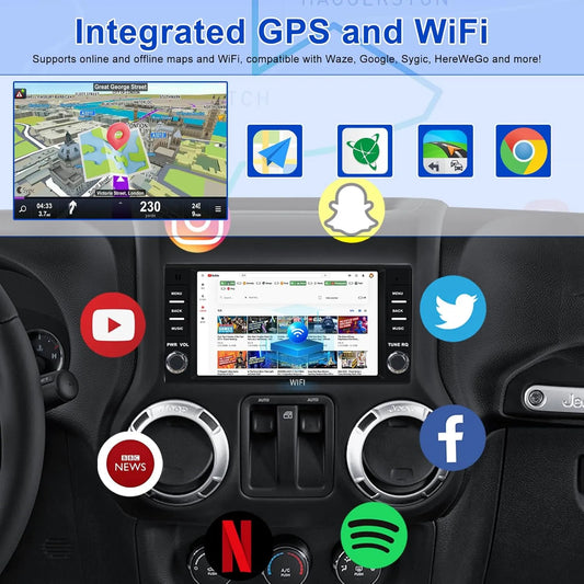 Autoradio Android 7" 2 + 64 Go pour Jeep Wrangler/Compass/Patriot, Chrysler Sebring, Dodge RAM : GPS, Carplay sans fil/Android Auto, Bluetooth, WiFi, DSP, caméra de recul
