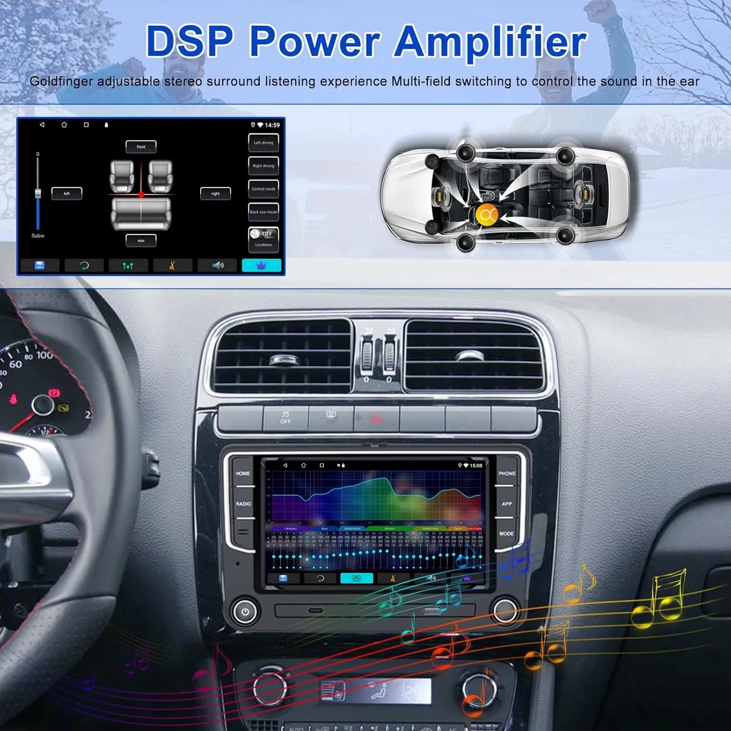 Autoradio Android 7" 2+64 Go pour VW Golf 5/6, Touran, Tiguan, Skoda, SEAT : GPS, Carplay sans fil, Android Auto, Bluetooth, WiFi, DSP