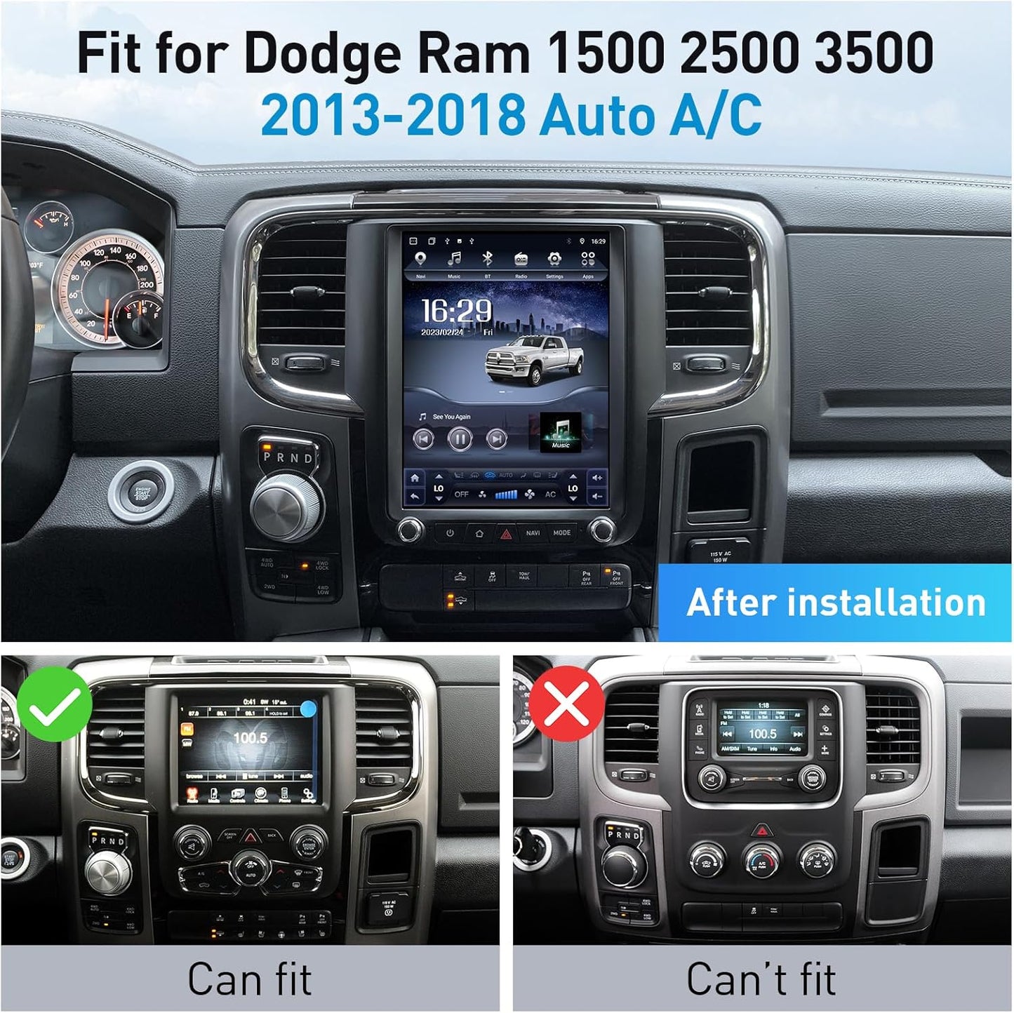 Autoradio Android 12.0 pour Dodge Ram 1500/3500 (2013-2018) - Écran IPS 10,4'' de style T, GPS, CarPlay sans fil, Bluetooth, DSP, Android Auto, sortie fibre optique