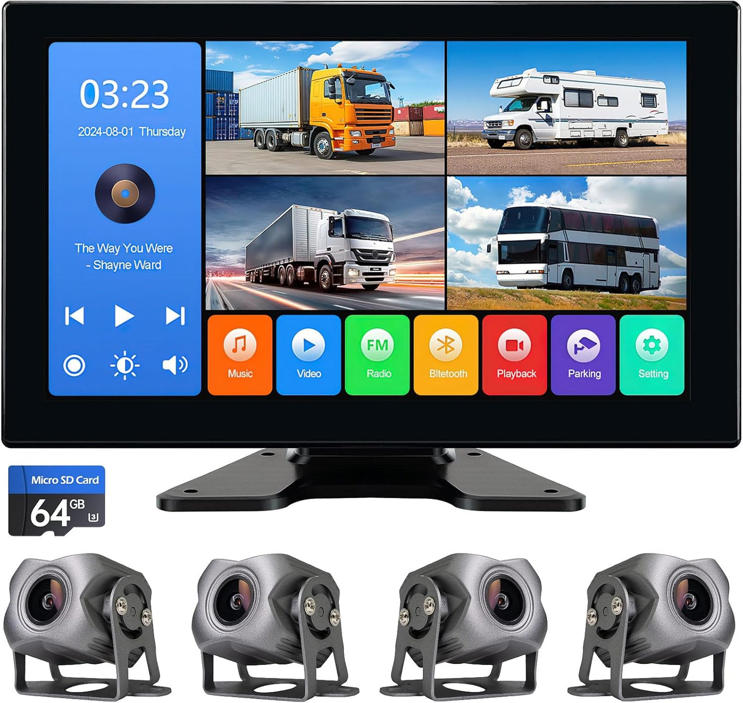 Kit Caméras 4K 1080P 4 Canaux avec Écran Tactile 10.2" pour Camions, Bus & Caravanes – Vision 360°, Enregistrement 5 Canaux, Étanche IP69, Bluetooth 5.0, Installation Facile
