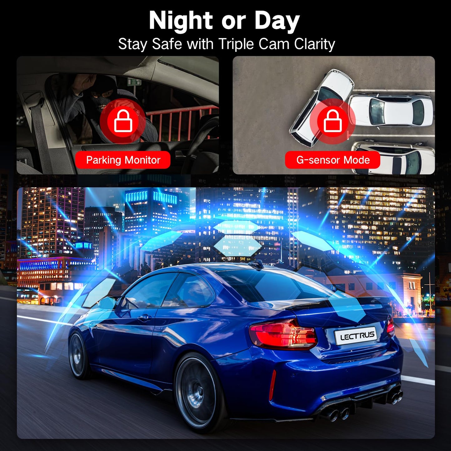 Caméra embarquée 3 canaux 4K avant/intérieur/arrière avec WiFi 5G, écran 3", vision nocturne, mode parking 24H, carte 64Go