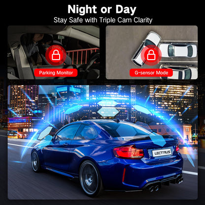 Caméra embarquée 3 canaux 4K avant/intérieur/arrière avec WiFi 5G, écran 3", vision nocturne, mode parking 24H, carte 64Go
