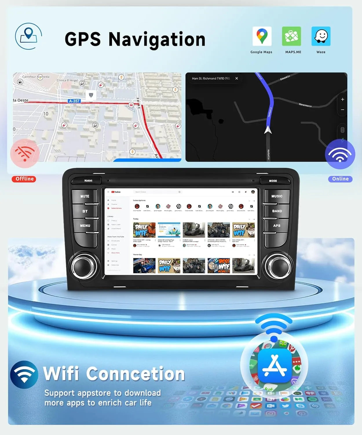 Autoradio Android 13 pour Audi A3 8P (2003-2012) | Écran 7" IPS | Compatible CarPlay & Android Auto | GPS intégré & WiFi