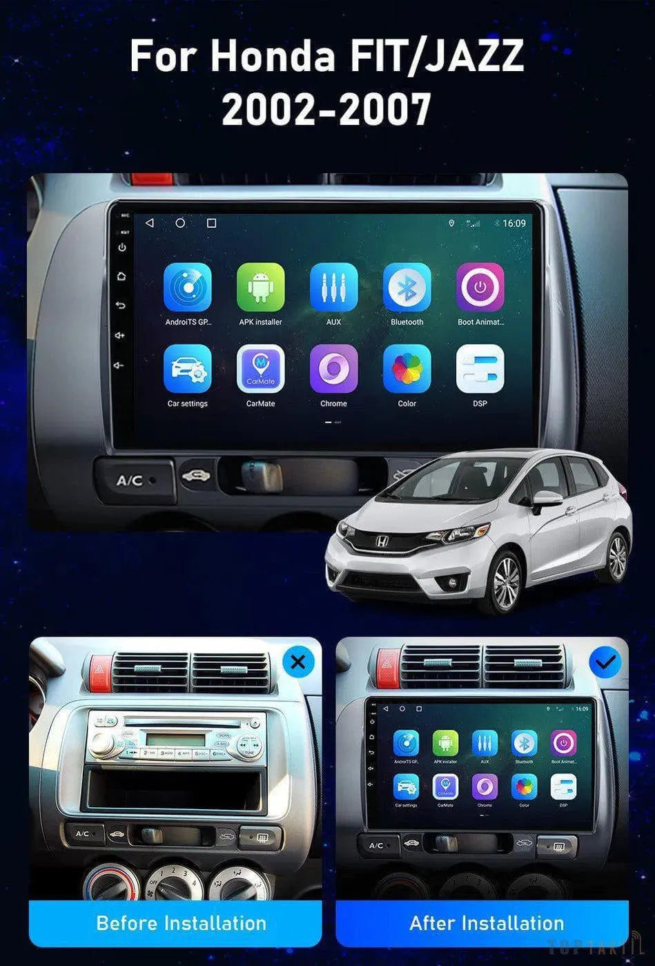 Autoradio Honda Jazz 2002 Fit - 6G-128 -Android 13 -Camera Hd 1080P | Android 14 | Écran Tactile | CarPlay | Bluetooth | GPS