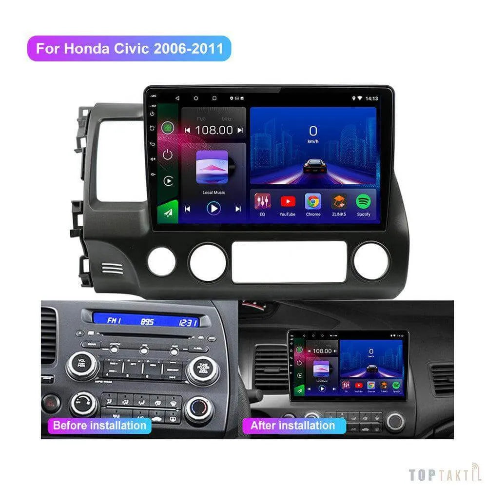 Autoradio Honda Civic 8 (2005-2012) 6G-128 Android 13 Double Enregistrement | Android 14 | Écran Tactile | CarPlay | Bluetooth | GPS