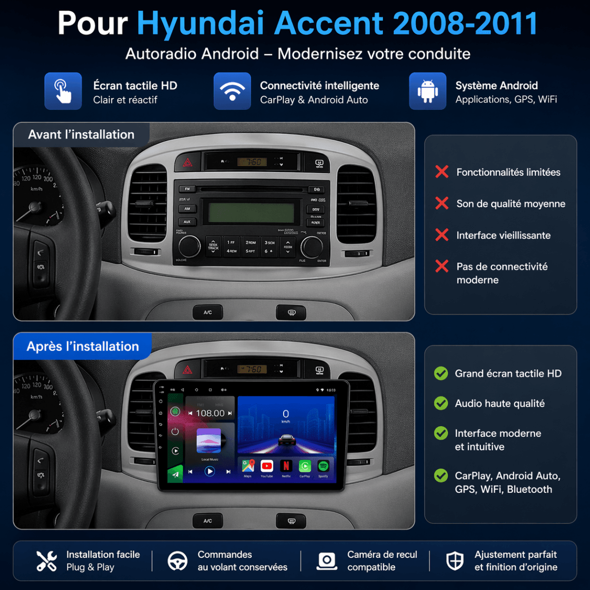 Hyundai Accent | 2008 - 2011 | Autoradio Android 15 | Carplay et Android Auto - toptaktil
