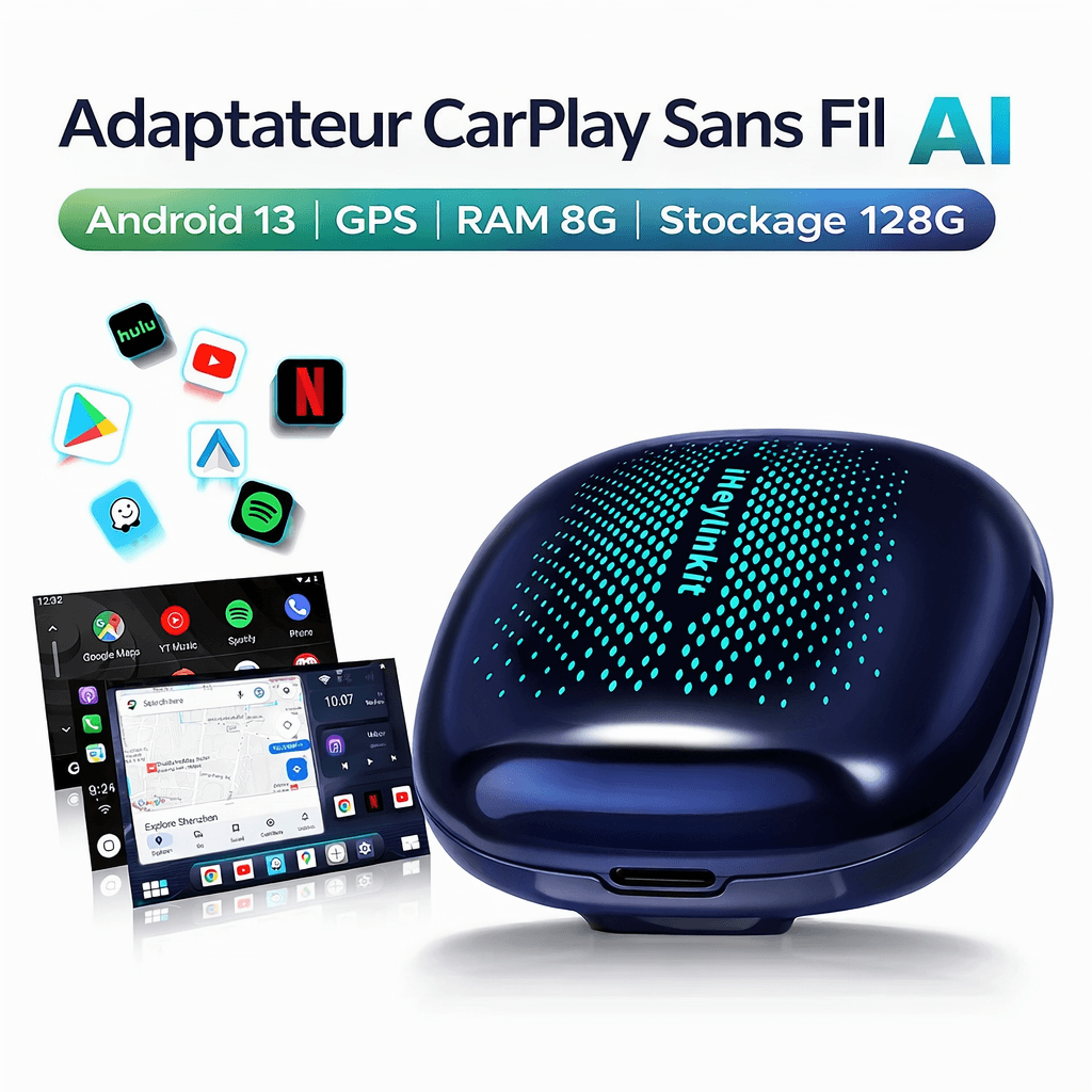 Adaptateur CarPlay Sans Fil AI – Android 13 | GPS | RAM 8G| Stockage 128G