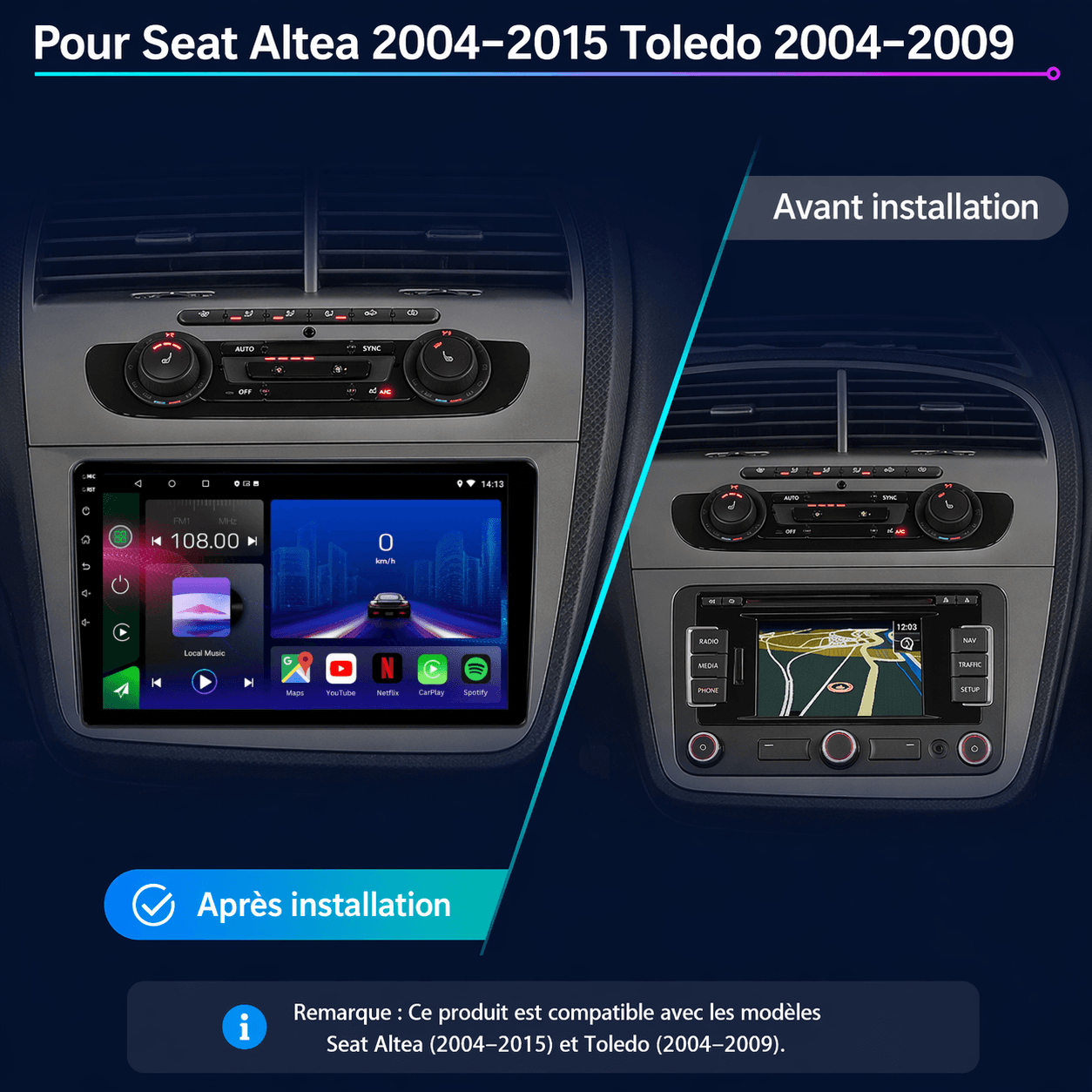 Seat Altea 2004 - 2015 | Seat Toledo 2004 - 2009| Android 15 | CarPlay | Bluetooth | GPS Intégré - toptaktil