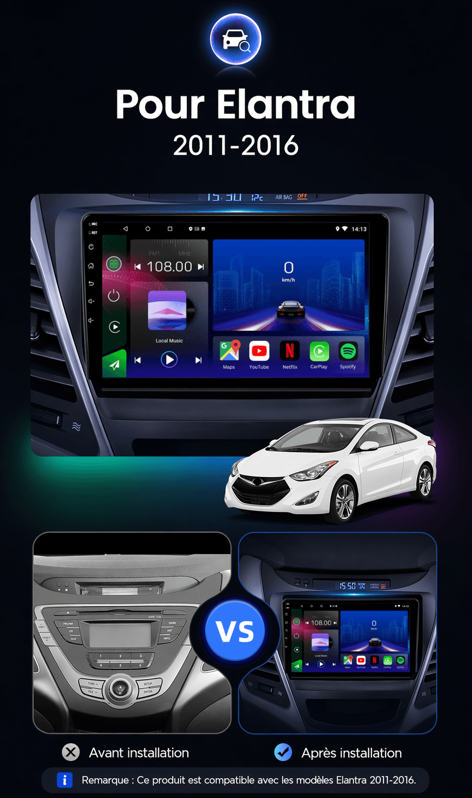 Hyundai Elantra, Avante, I35 | 2011-2016| Android 15 | CarPlay | Bluetooth | GPS Intégré - toptaktil