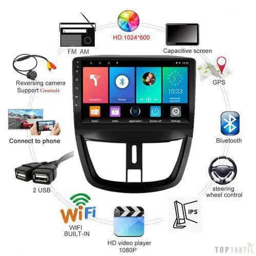 Poste Android //4G-64-Peugeot 207 2007-2013 | Autoradio | Android 14 | Écran Tactile | CarPlay | Bluetooth | GPS