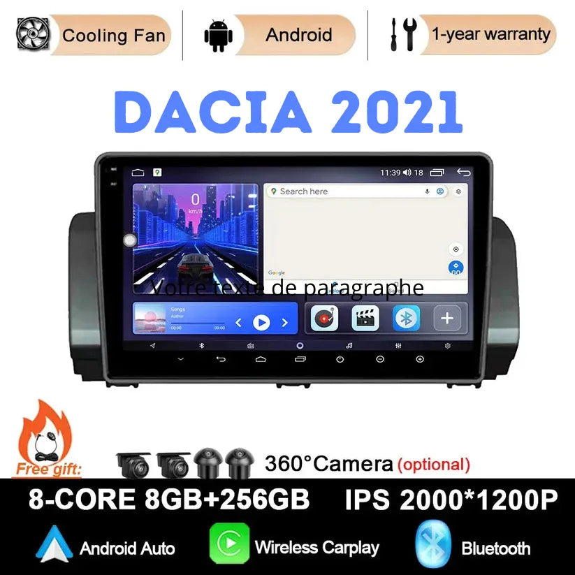 Autoradio Android 14 -4G-64G -Dacia 2021 -Camera Hd 1080P | Écran Tactile | CarPlay | Bluetooth | GPS